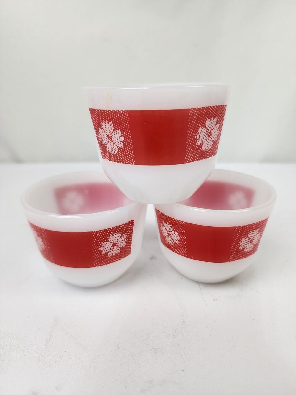 Set 3 Vintage Federal Glass Red & White Gingham Checkered 3oz Custard Cups EUC!